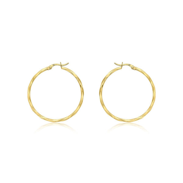 9K Yellow Gold 33mm Diamond Cut Faceted Hoop Earrings