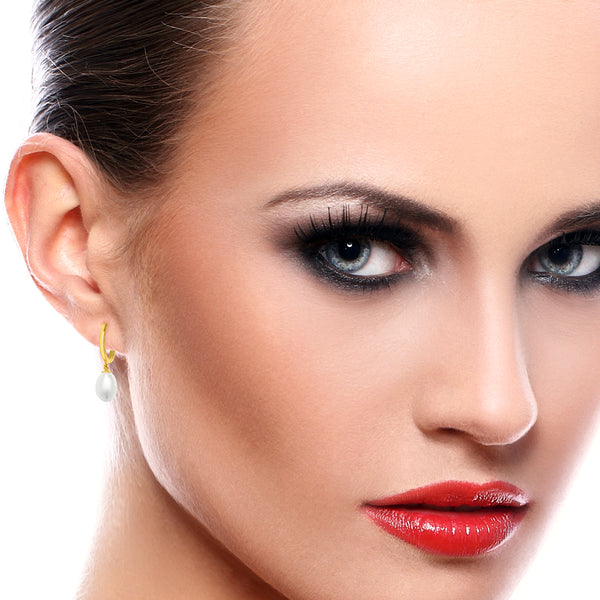 9K Yellow Gold Pearl Drop Hoop Earrings