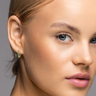 9K Yellow Gold Green CZ Hinged Hoop Earrings