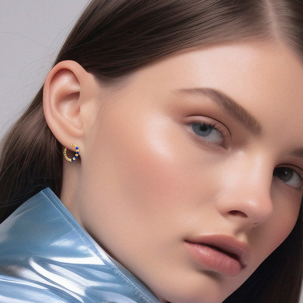 9K Yellow Gold Blue Spinel Open Hoop Stud Earrings