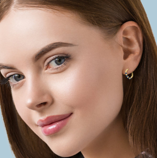 9K Yellow Gold Black Cubic Zirconia Beaded Hoop Earrings