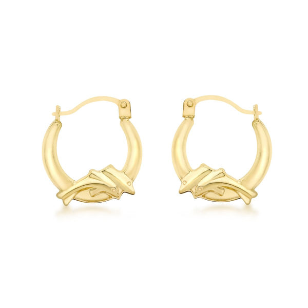 9K Yellow Gold 14mm X 16mm Dolphin Creole Hoop Earrings