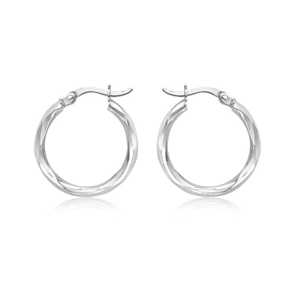 9K White Gold Diamond Cut Faceted Hoop Earrings