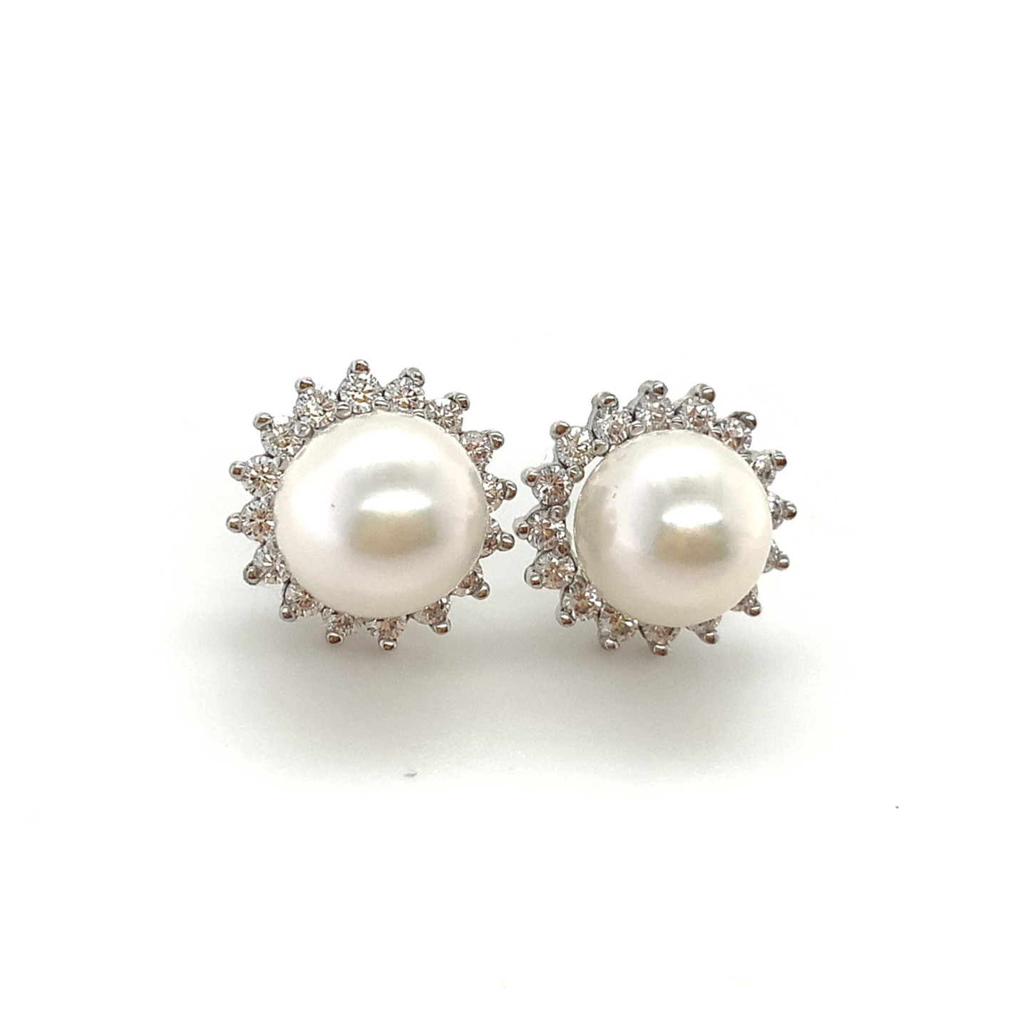 9K White Gold Pearl and Cubic Zirconia Stud Earrings