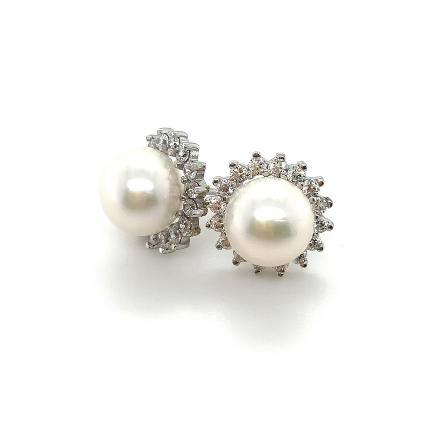 9K White Gold Pearl and Cubic Zirconia Stud Earrings