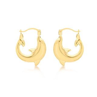9K Yellow Gold 16mm X 19mm Dolphin Creole Hoop Earrings