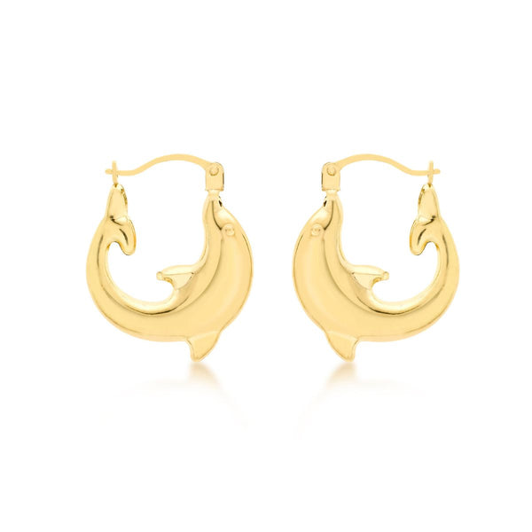 9K Yellow Gold 16mm X 19mm Dolphin Creole Hoop Earrings