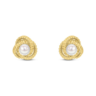 9K Yellow Gold Textured Knot & Pearl Stud Earrings