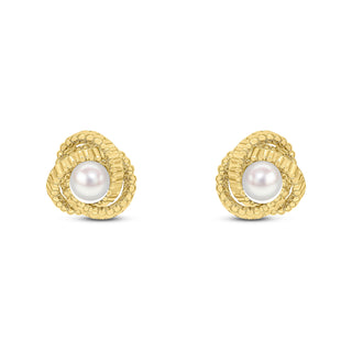 9K Yellow Gold Textured Knot & Pearl Stud Earrings