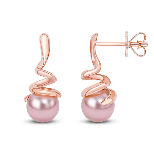 9K Rose Gold Pink Pearl Spiral Drop Earrings