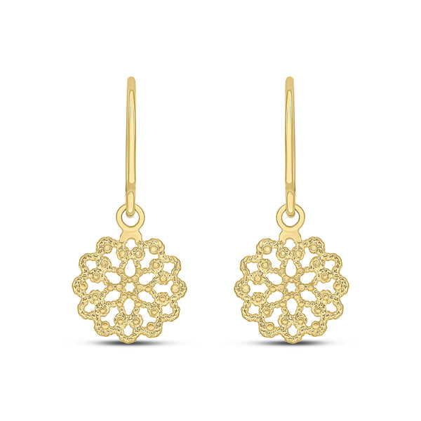9K Yellow Gold Filigree Flower Drop Earrings