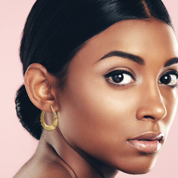 9K Yellow Gold Embossed Oval Creole Hoop Earrings