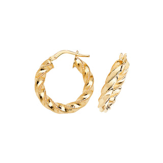 9K Yellow Gold 15mm Diamond Cut Twist Hoop Earrings