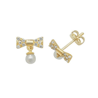 9K Yellow Gold CZ Bow & Pearl Stud Earrings