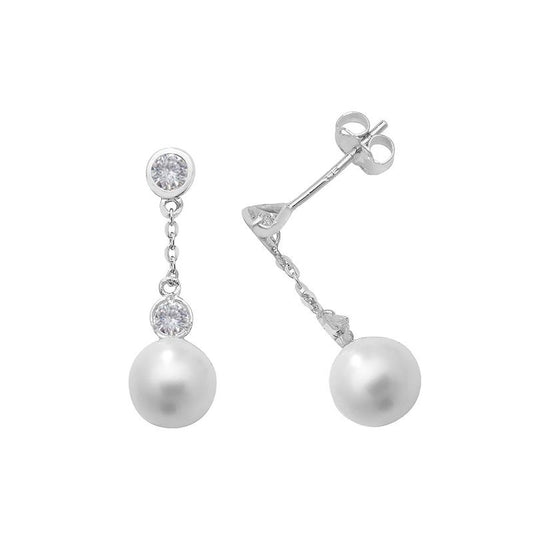 9K White Gold Pearl & CZ Drop Earrings