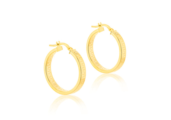 9K Yellow Gold 23.5mm Greek Pattern Hoop Earrings