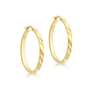 9K Yellow Gold 28mm Rectangular-Tube Ribbed Hoop Earrings