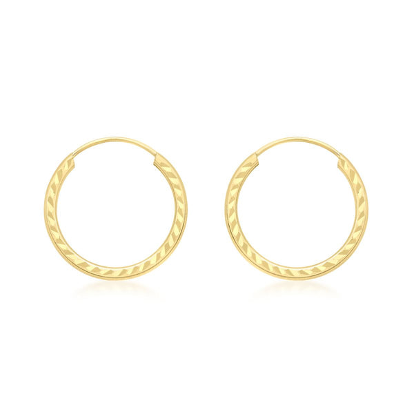 9K Yellow Gold 15mm Diamond Cut Sleeper Hoop Earrings