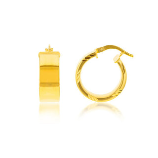 9K Yellow Gold Diamond Cut Edge Hoop Earrings