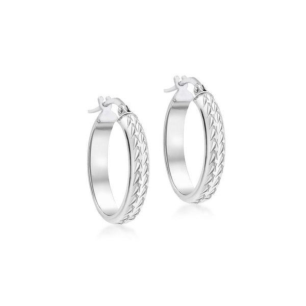 9K White Gold Diamond Cut Hoop Creole Earrings