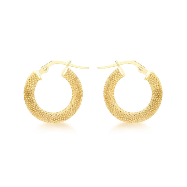 9K Yellow Gold Diamond Cut Textured Hoop Creole Earrings
