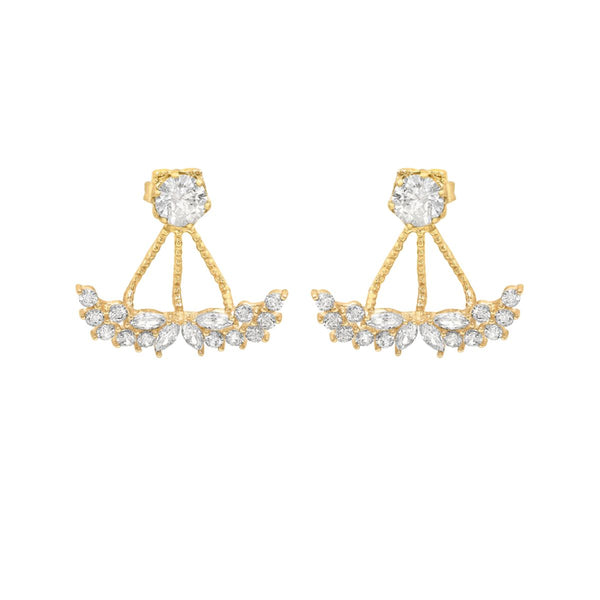9K Yellow Gold CZ Ornate Fan Jacket Earrings