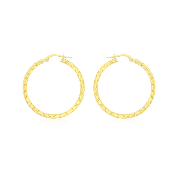 9K Yellow Gold Diamond Cut Hoop Creole Earrings