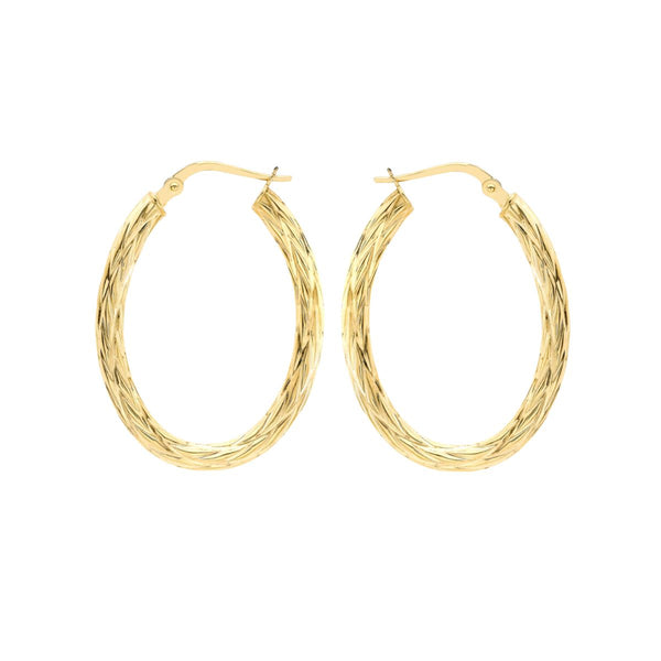 9K Yellow Gold Patterned Oval Creole Hoop Earrings