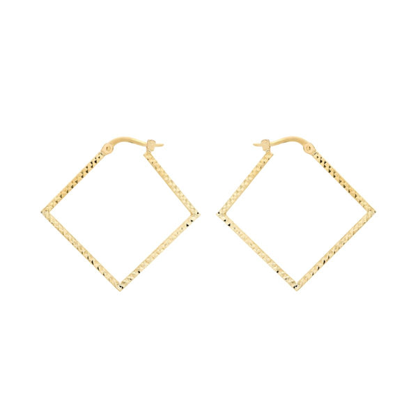 9K Yellow Gold Diamond Cut Square Hoop Creole Earrings