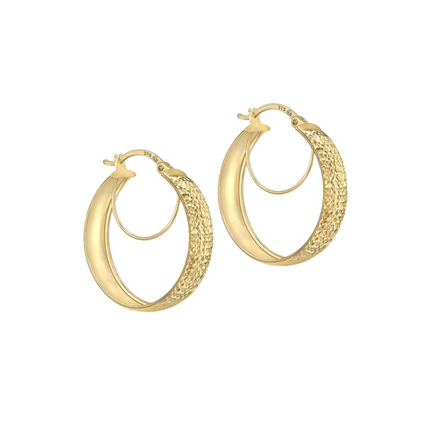 9K Yellow Gold  24mm Textured Double Hoop Earrings