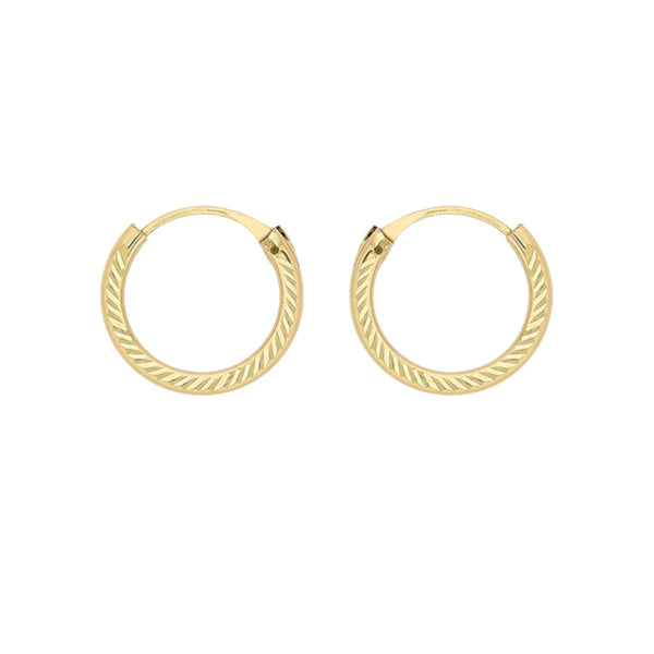 9K Yellow Gold 11mm Diamond Cut Sleeper Hoop Earrings