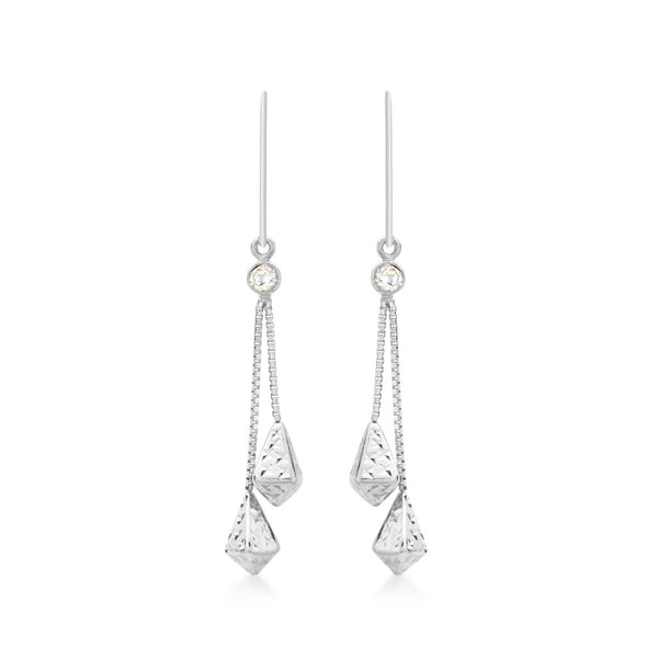 9K White Gold CZ & Diamond Cut Chain Drop Earrings