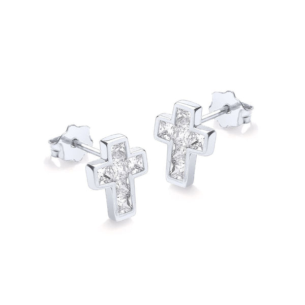 9K White Gold CZ Cross Stud Earrings