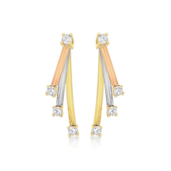 9K 3-Colour Gold CZ Triple-Bar Drop Earrings