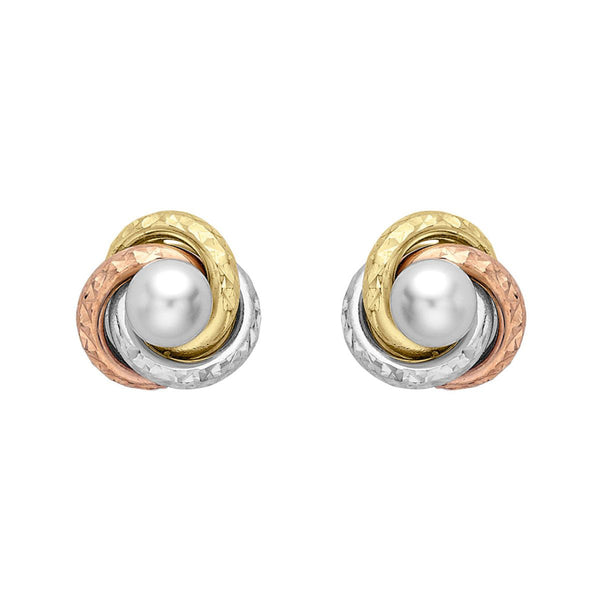 9K 3-Colour Gold Freshwater Pearl Knot Stud Earrings