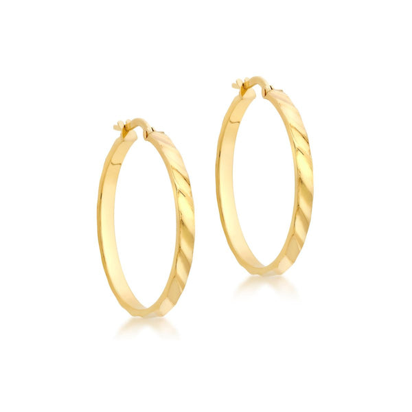 9K Yellow Gold Rectangular-Tube Ribbed Hoop Earrings