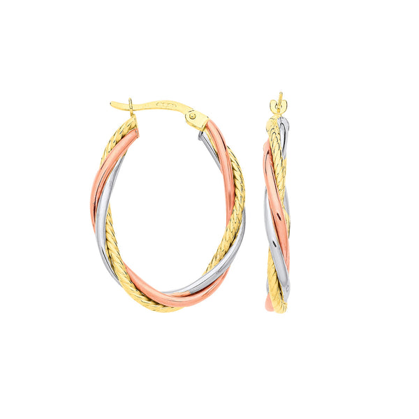 9K 3 Colour Gold Russian Wedding Oval Hoop Earrings