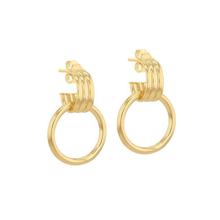 9K Yellow Gold Triple Tube Circle Drop Stud Earring