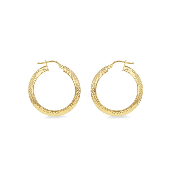 9K Yellow Gold 15mm Diamond Cut Hoop Earrings