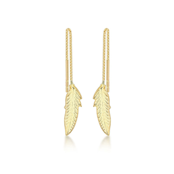 9K Yellow Gold Leaf Pull-Through-Chain Earrings