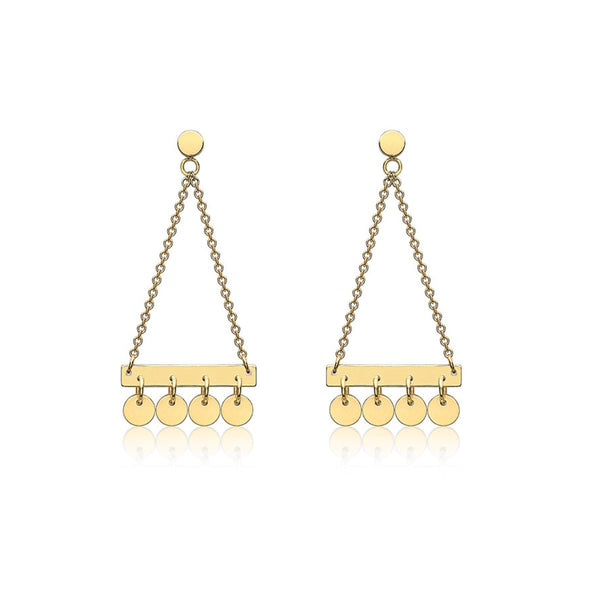9K Yellow Gold Bar & Hanging-Discs Drop Earrings