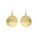 9K Yellow Gold CZ Brushed Concave Organic Disc Drop Earrings
