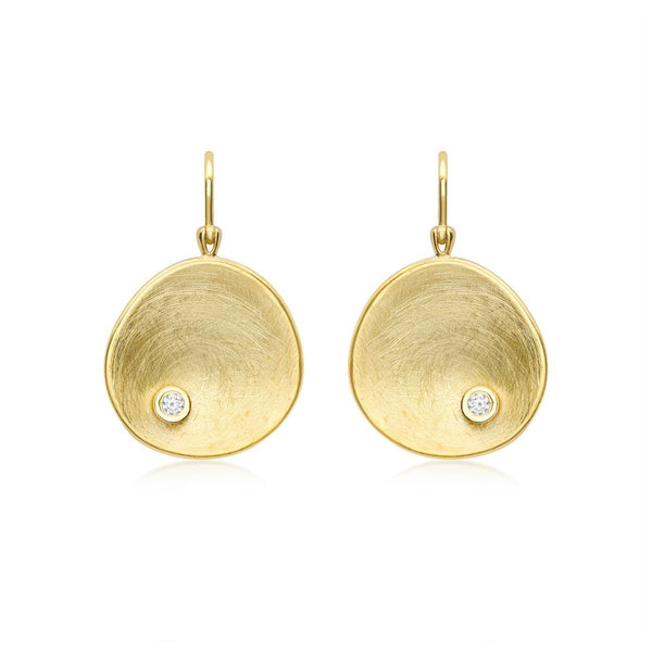 9K Yellow Gold CZ Brushed Concave Organic Disc Drop Earrings