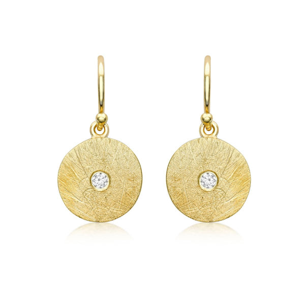 9K Yellow Gold CZ Brushed Disc Drop Earrings