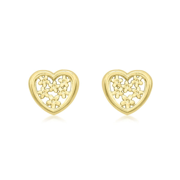 9K Yellow Gold 'Flower Heart' Stud Earrings