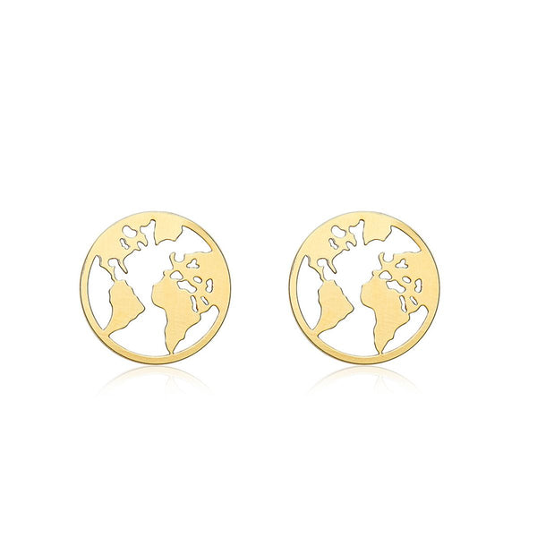 9K Yellow Gold 8.5mm Cutout 'World Map' Disc Stud Earrings