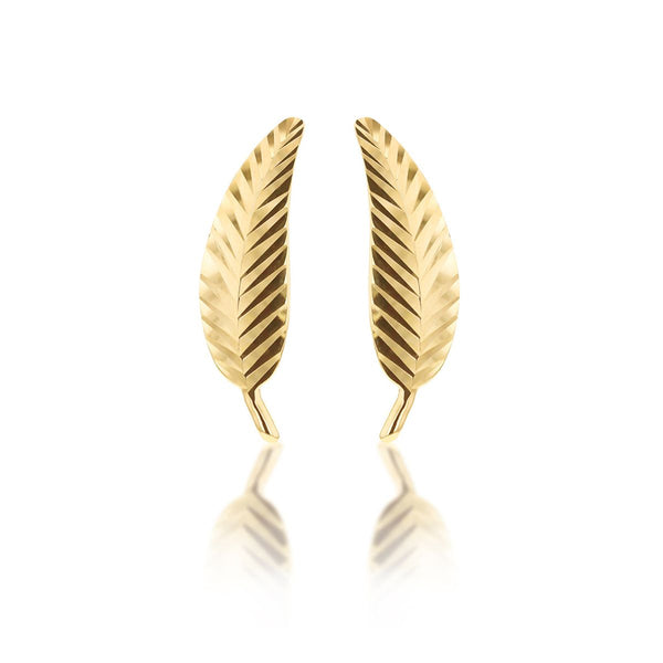 9K Yellow Gold Diamond Cut Leaf Stud Earrings