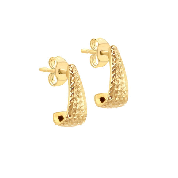 9K Yellow Gold Diamond Cut J-Shape Stud Earrings