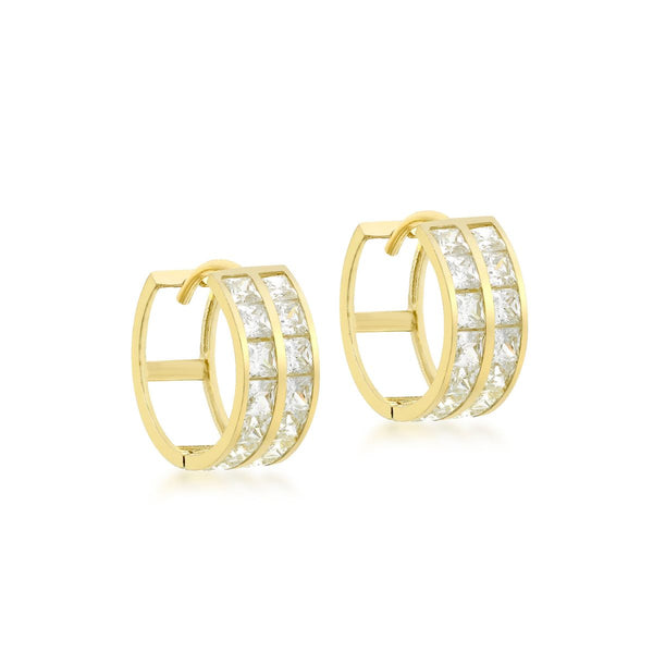 9K Yellow Gold CZ Double Row Hoop Earrings
