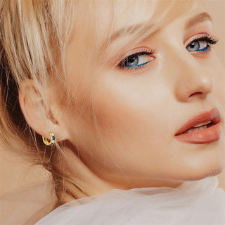 9K Yellow Gold Blue CZ Huggy Hoop Earrings
